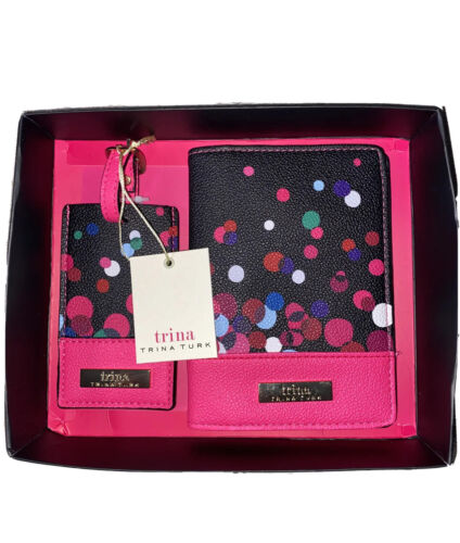 TRINA TURK ~ Passport Cover Holder + Luggage Tag ~ Fuchsia Multicolor Dots ~ NEW