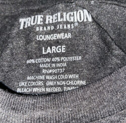 True Religion Gold Script Horseshoe Logo Charcoal Loungewear Tee Shirt Large