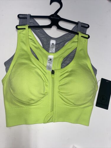 90 Degree By Reflex High Perform. GREEN/GRAY- Zippered Sport  Bra 2 Set- SMALL