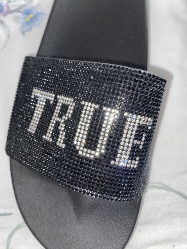 True Religion Meyer  Bling Silver Black Slides Slippers NEW- SIZE 9 WOMEN