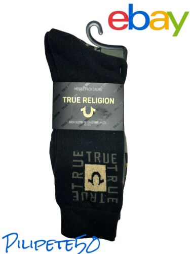 TRUE RELIGION MENS 2 PACK CREWS SOCKS BLACK -HORSESHOE SOCK SIZE 10-13 NWT!