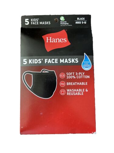 5 Hanes Face Masks 100% Cotton Reusable Washable Kids Ages 5-12 Black NEW