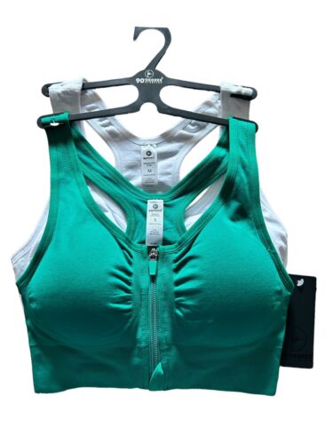 90 Degree By Reflex High Perform. GREEN/WHITE Zippered Sport  Bra 2 Set- MÉDIUM