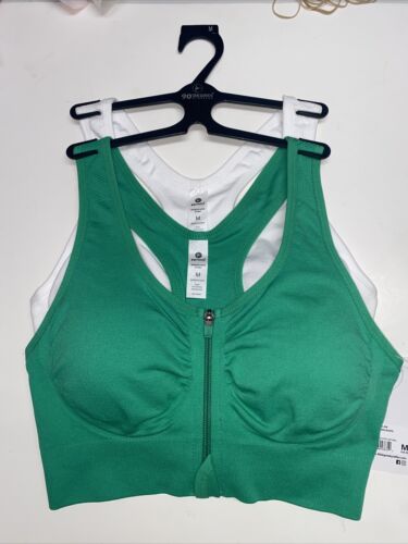 90 Degree By Reflex High Perform. GREEN/WHITE Zippered Sport  Bra 2 Set- MÉDIUM