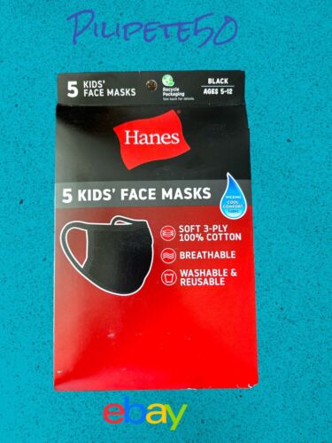 5 Hanes Face Masks 100% Cotton Reusable Washable Kids Ages 5-12 Black NEW