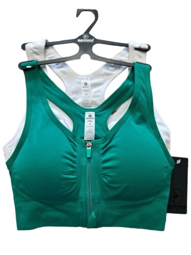 90 Degree By Reflex High Perform. GREEN/WHITE Zippered Sport  Bra 2 Set- MÉDIUM