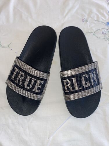 True Religion Jasmine Bling Silver Black Slides Slippers NEW- SIZE 10 WOMEN