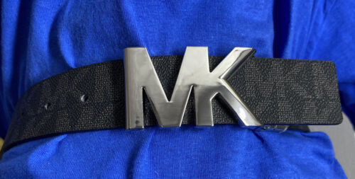 MICHAEL KORS BELT REVERSIBLE BLACK MK LOGO TO SOLID GRAY SILVER MK LOGO BUCKLE