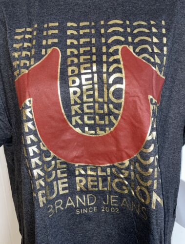 True Religion Gold Script Horseshoe Logo Charcoal Loungewear Tee Shirt Large