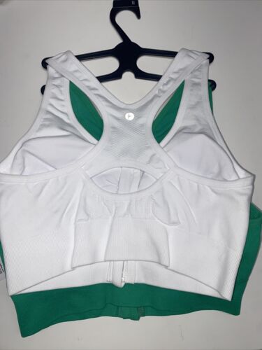 90 Degree By Reflex High Perform. GREEN/WHITE Zippered Sport  Bra 2 Set- LARGE