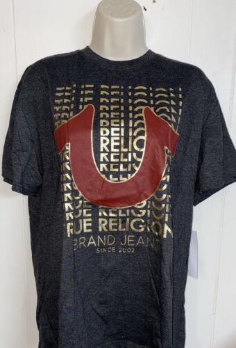 True Religion Gold Script Horseshoe Logo Charcoal Loungewear Tee Shirt Large