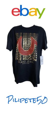 True Religion Gold Script Horseshoe Logo Black Loungewear Tee Shirt Large