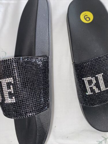 True Religion Meyer  Bling Silver Black Slides Slippers NEW- SIZE 9 WOMEN