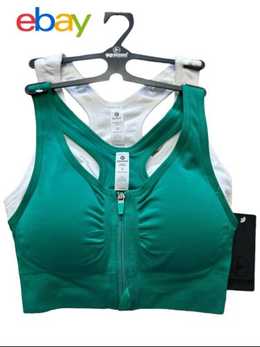 90 Degree By Reflex High Perform. GREEN/WHITE Zippered Sport  Bra 2 Set- MÉDIUM