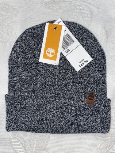 Timberland Knit Hat Cap Cuffed Beanie Black And Gray OSFM Patch Logo NWT