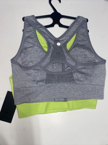 90 Degree By Reflex High Perform. GREEN/GRAY- Zippered Sport  Bra 2 Set- SMALL