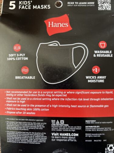 5 Hanes Face Masks 100% Cotton Reusable Washable Kids Ages 5-12 Black NEW