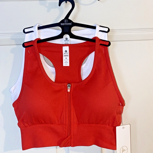 90 Degree By Reflex High Perform. RED/WHITE Full Sup.-Sport  Bra Set-Two Size. M