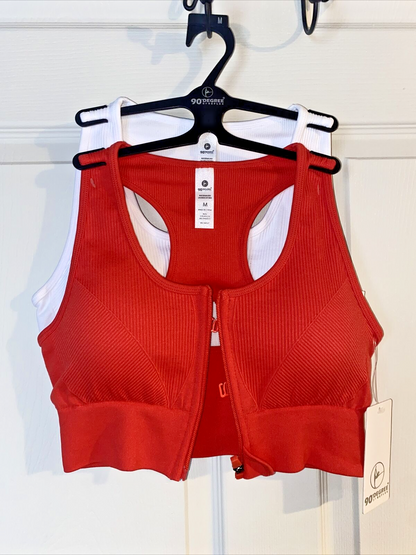 90 Degree By Reflex High Perform. RED/WHITE Full Sup.-Sport  Bra Set-Two Size. M