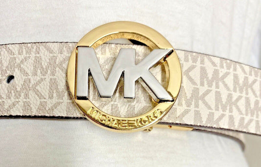 Michael Kors Belt Reversible Print MK Logo Vanilla/Cognac Two-tone Logo Buckle